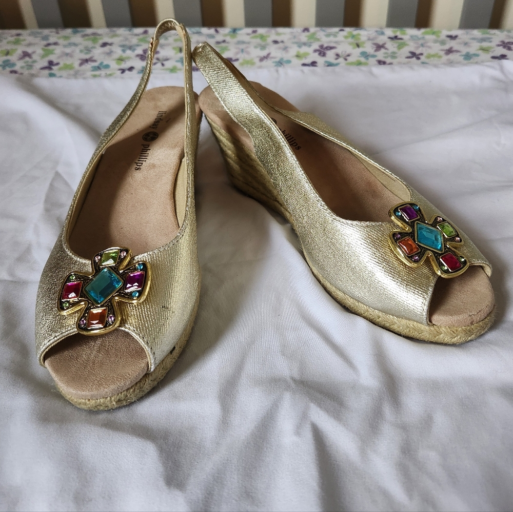 Lindsay Phillips Gold Wedge Sandals with Colorful Gem Accents Size 9